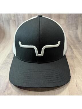 Kimes Ranch Black and White Trucker Hat Adjustable Snapback Cap Distressed Edge
